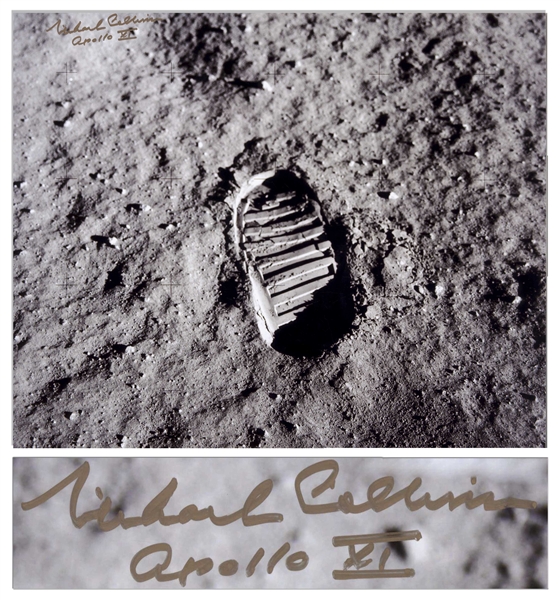 Michael Collins Signed 20'' x 16'' Photo of the First Footprint Upon the Moon